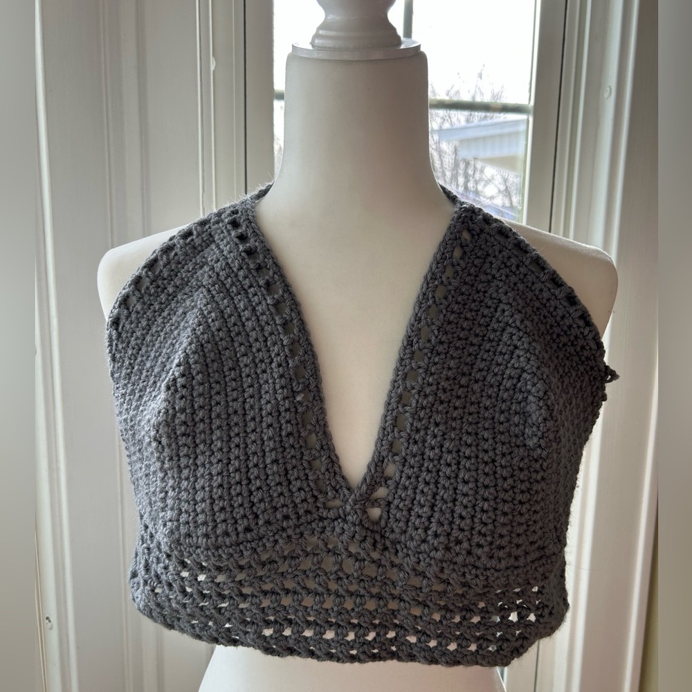 Crochet Halter Top Handmade Knit Gray Summer Festival Large Yarn Boho